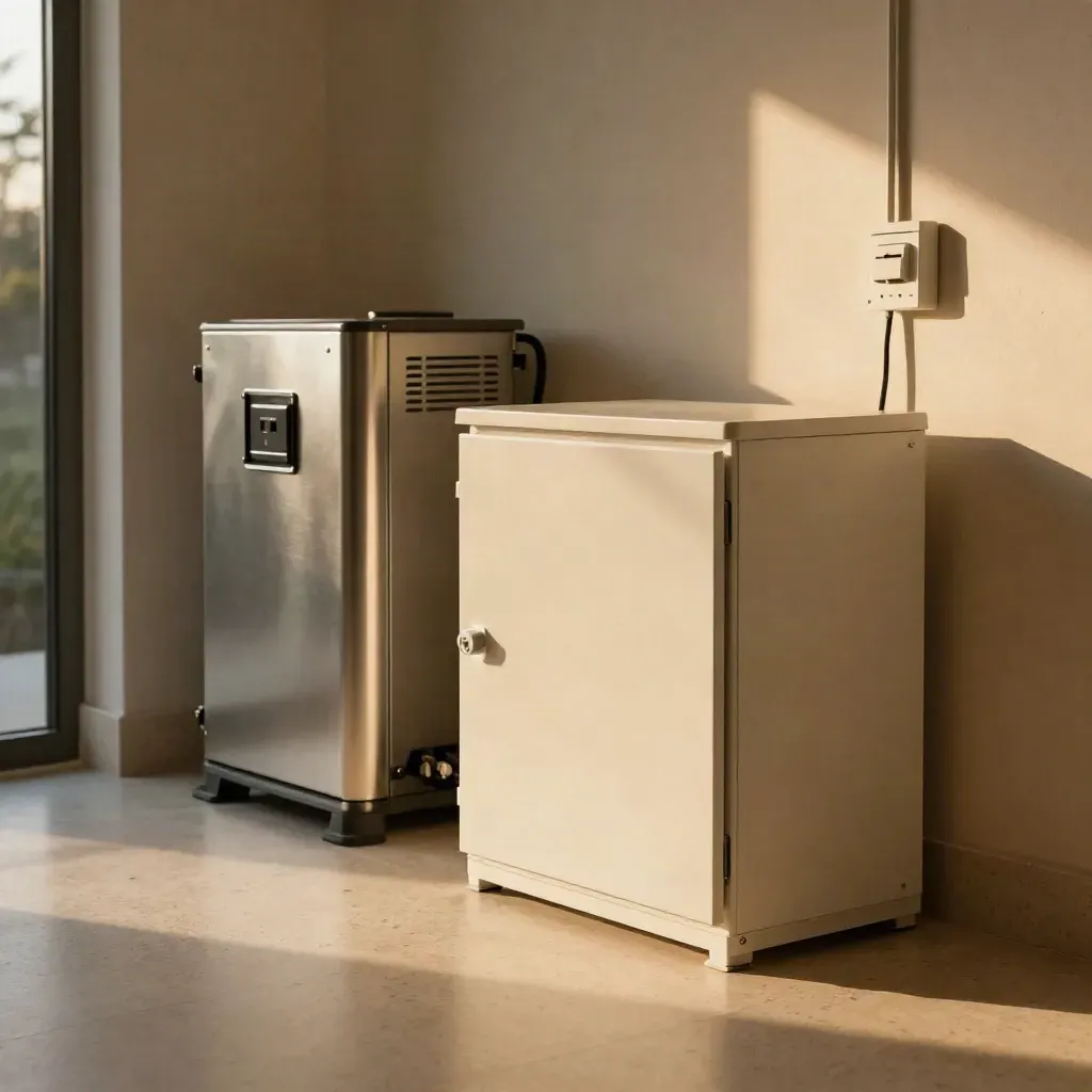 Armadio batteria per accumulo accanto a inverter e backup switch in un locale tecnico caldo.