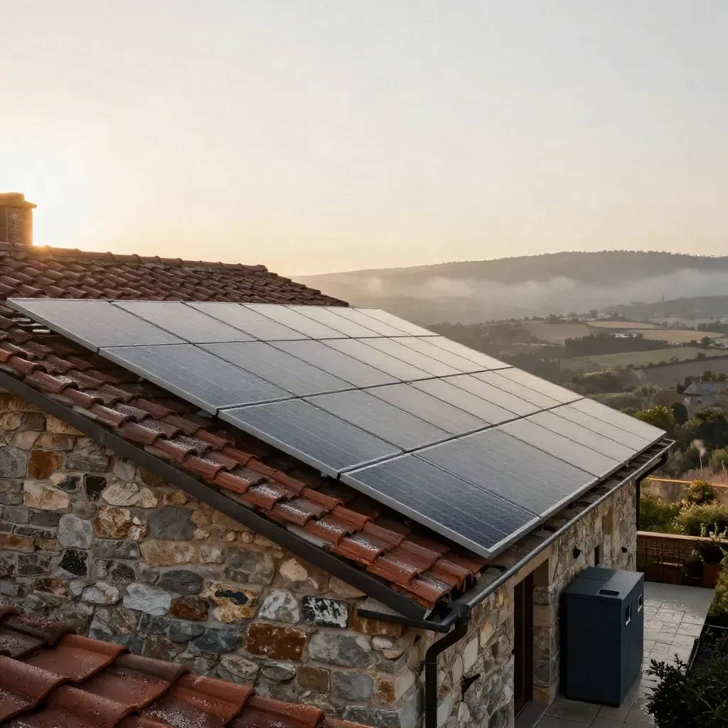 Tetto fotovoltaico moderno dopo la pioggia, luce dell’alba, batteria nell’alcova e valle sullo sfondo.