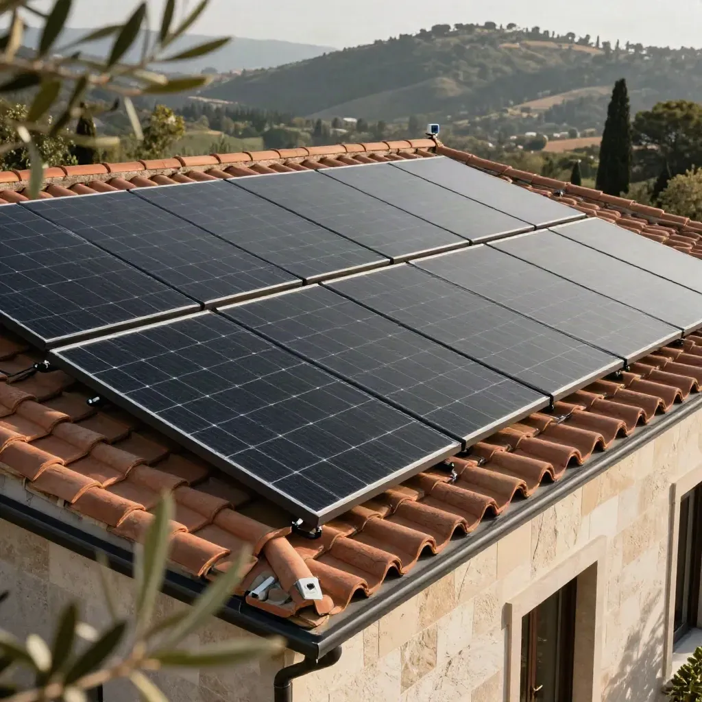 Tetto di villa con pannelli fotovoltaici finiti e unità di monitoraggio discreta all’alba.