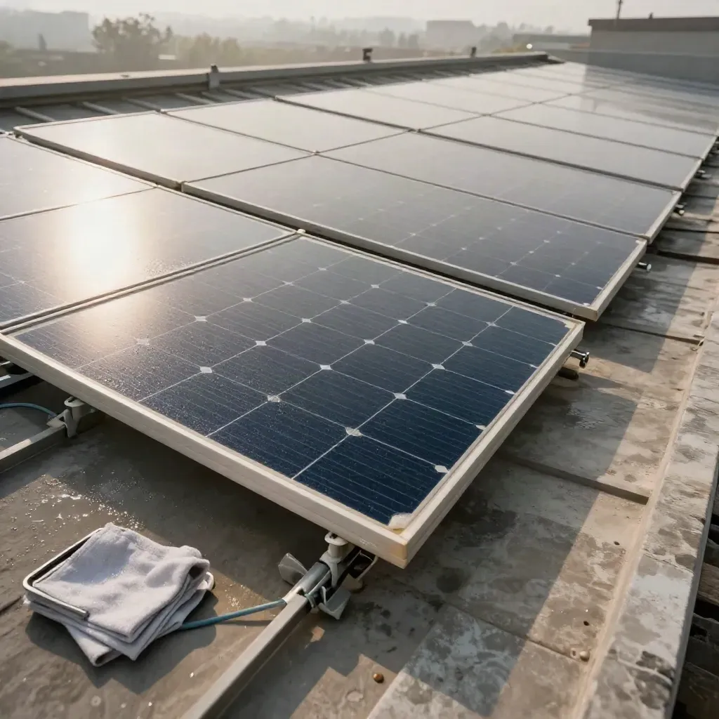 Pannelli fotovoltaici bagnati dopo la manutenzione, con cavi fissati e scatola aperta sul tetto.