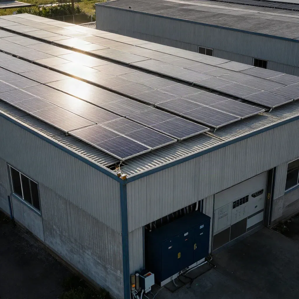 Capannone industriale con pannelli fotovoltaici sul tetto e quadro tecnico accanto al carico.