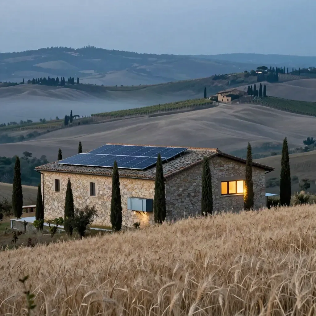 Agriturismo toscano al tramonto con fotovoltaico sul tetto e finestra batteria illuminata.
