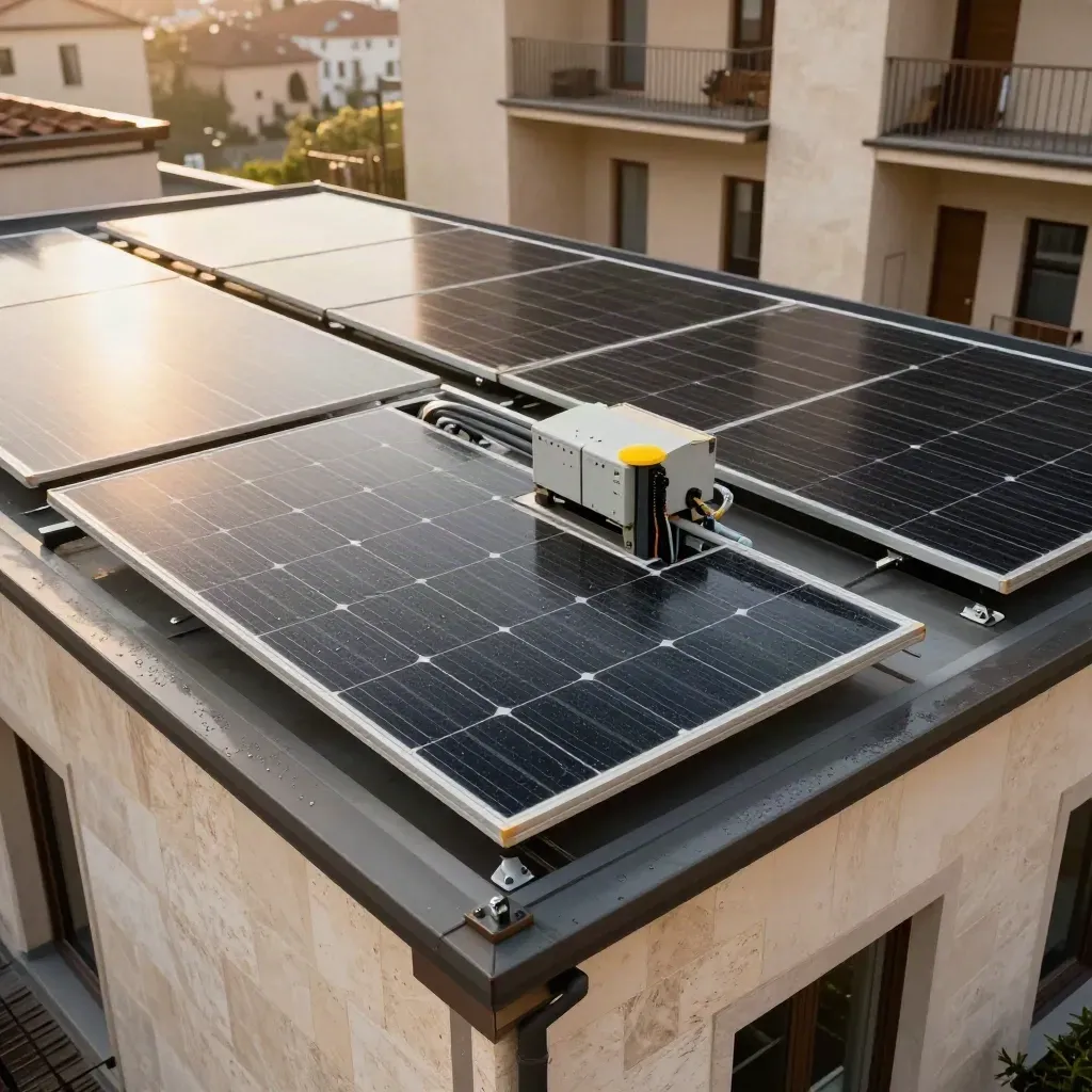 Cortile condominiale ristrutturato con pannelli solari e centrale tecnica sul tetto