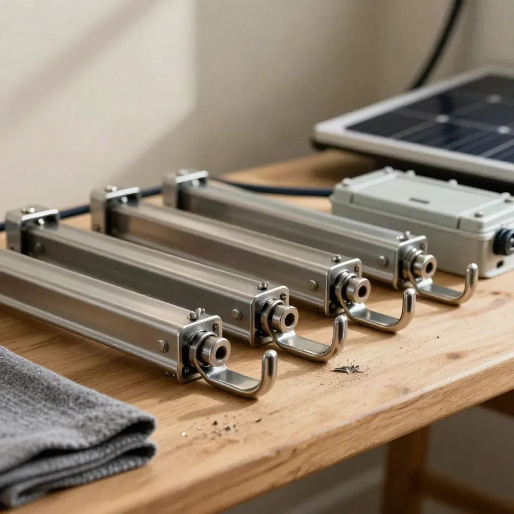Componenti fotovoltaici in macro su banco di legno, metallo satinato e polvere fine.