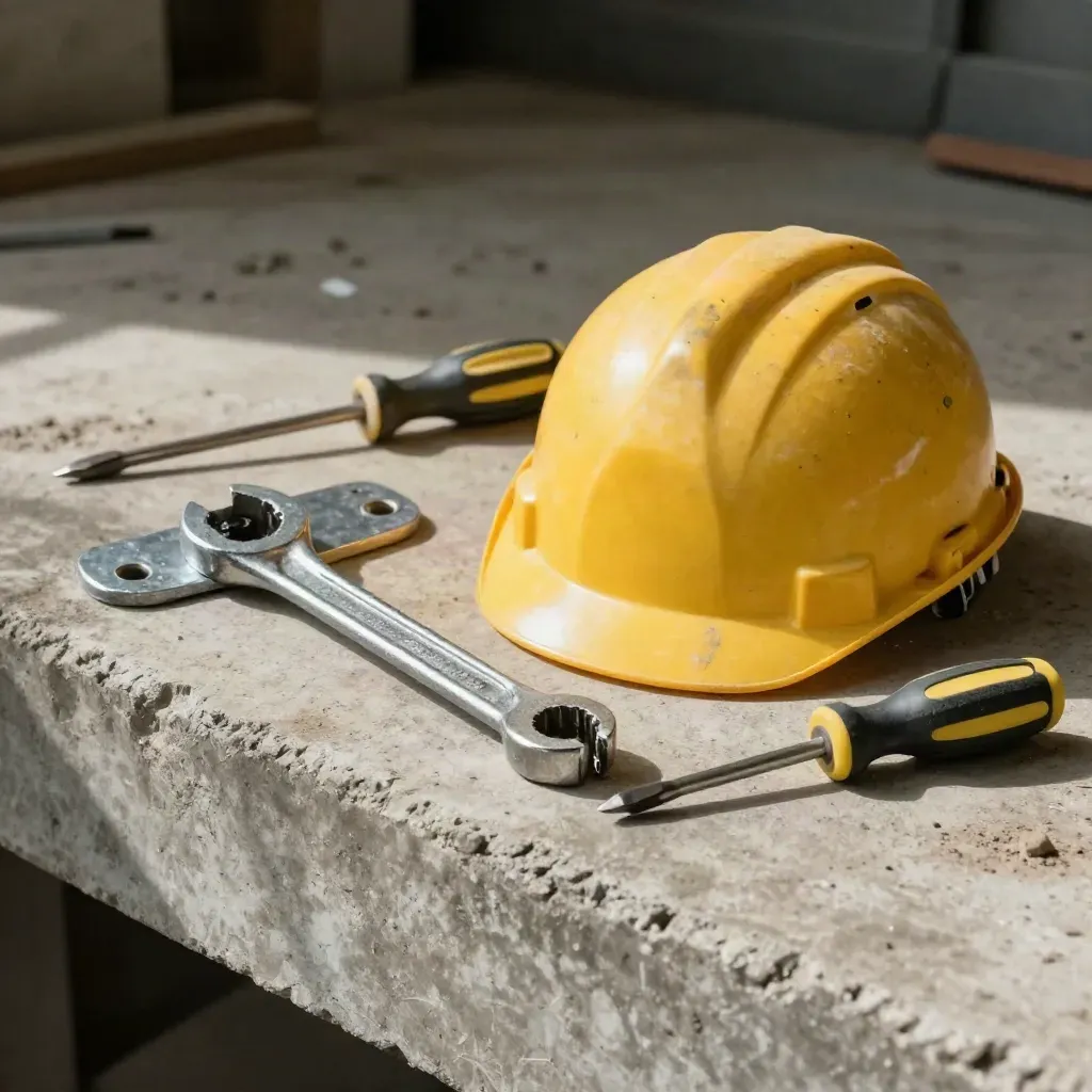 Casco giallo, chiave dinamometrica e attrezzi fotovoltaici su un muretto di cemento.
