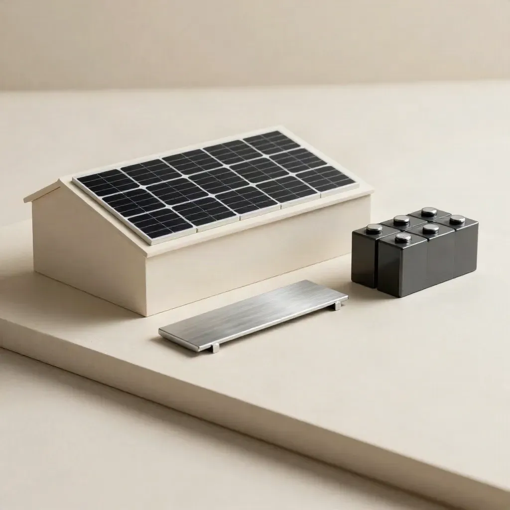 Modello tecnico di tetto con pannelli, binario in alluminio e batteria su fondo chiaro.