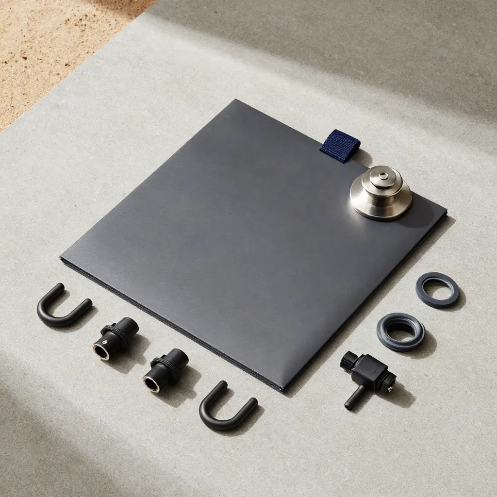 Flat lay di ganci tetto, connettori MC4, guarnizioni e cartella su cemento chiaro.