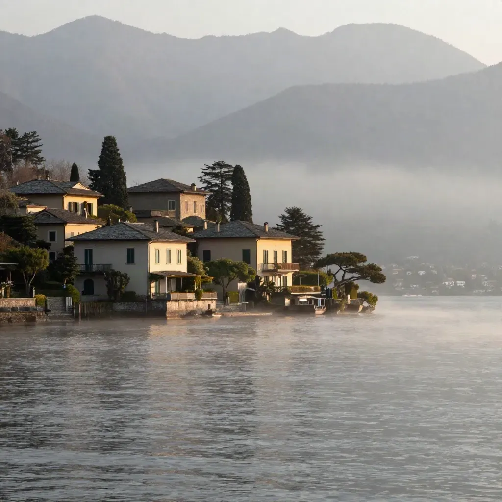 Riva del Lago di Como con ville in pietra, montagne e acqua calma nella foschia dell’alba
