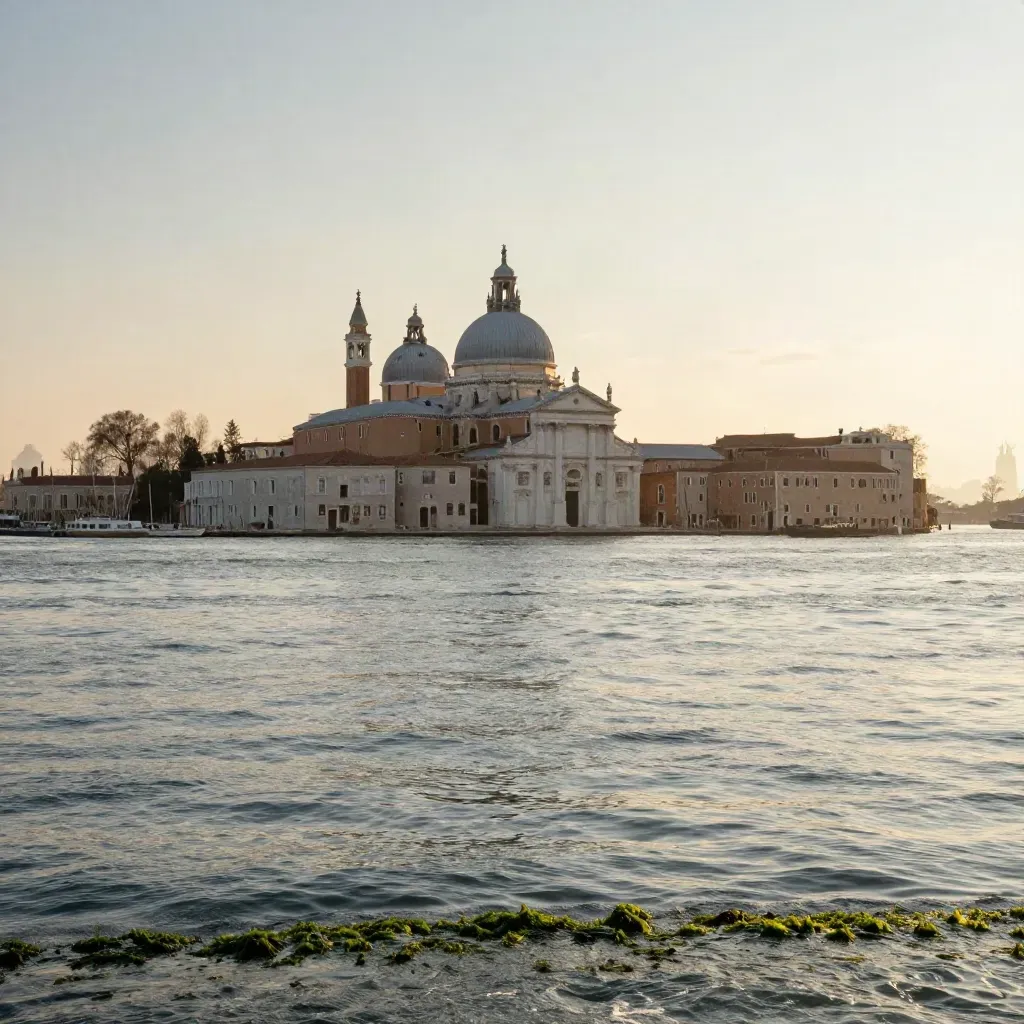 Laguna di Venezia al tramonto con San Giorgio Maggiore e acqua dorata