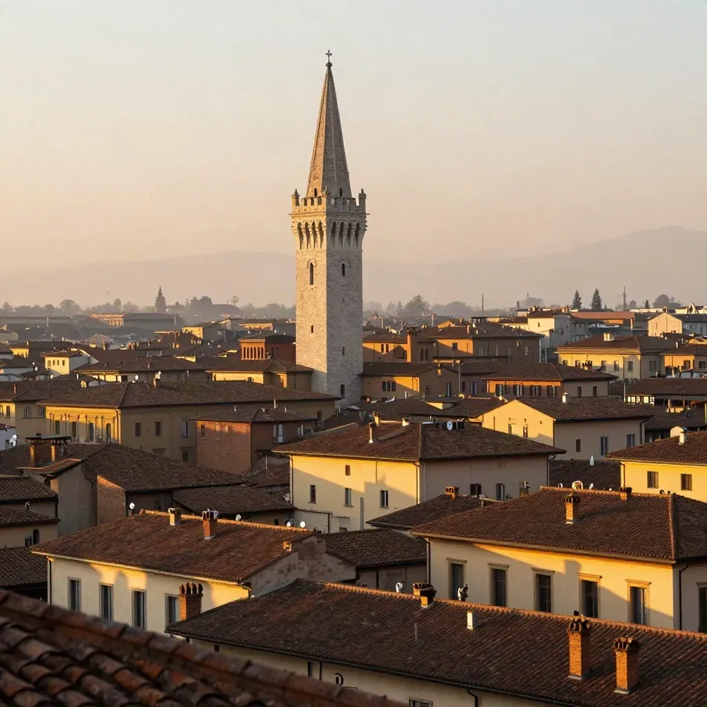 Torre del Duomo di Modena sopra tetti in terracotta e luce dorata, con nebbia leggera.
