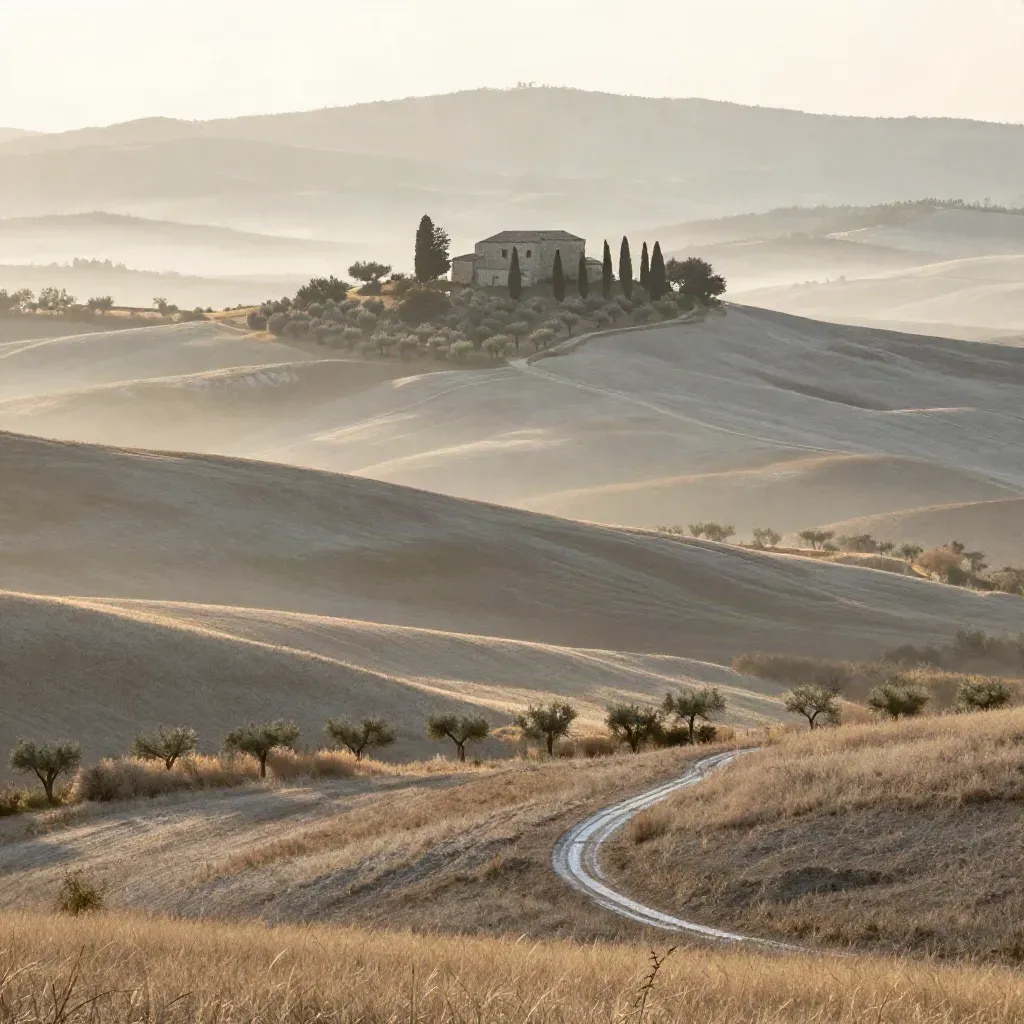 Colline della Val d’Orcia con casale in cima e cipressi, nel primo sole velato dalla nebbia.