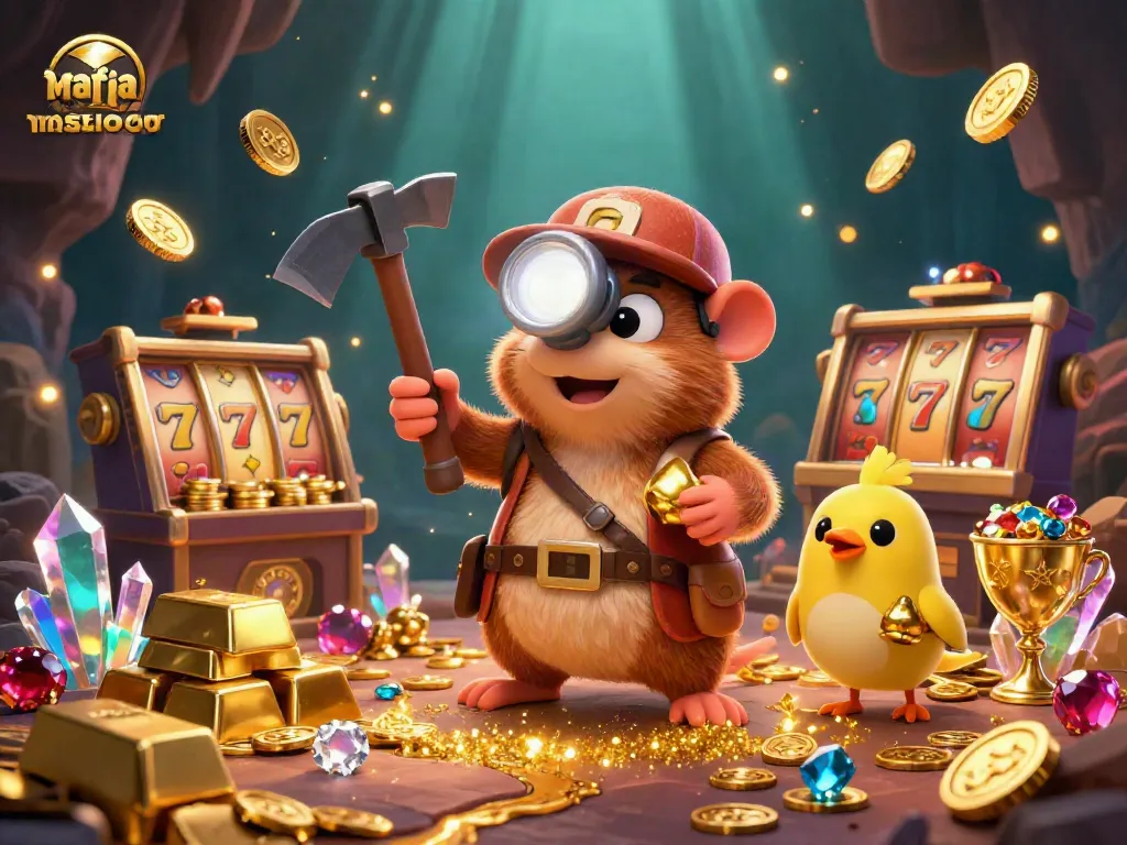 Mafia casino themed illustration featuring a treasure hunter mole and companion, showcasing dynamic casino elements and vibrant action.